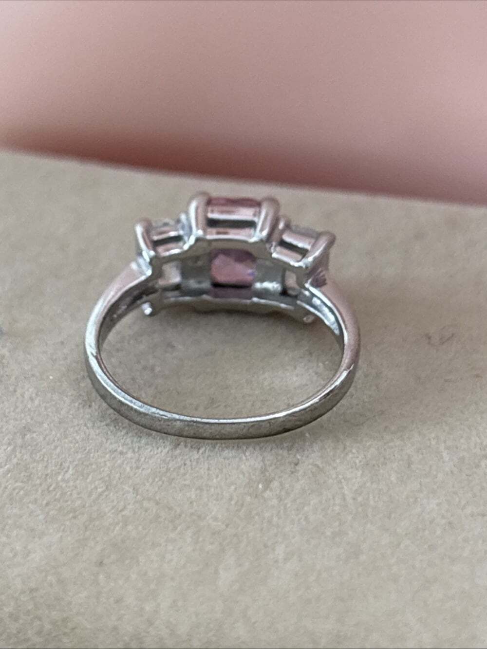 Emerald Cut Pink White CZ Three Stone Ring Past Present Future Sterling Size6.75 - Picture 9 of 13